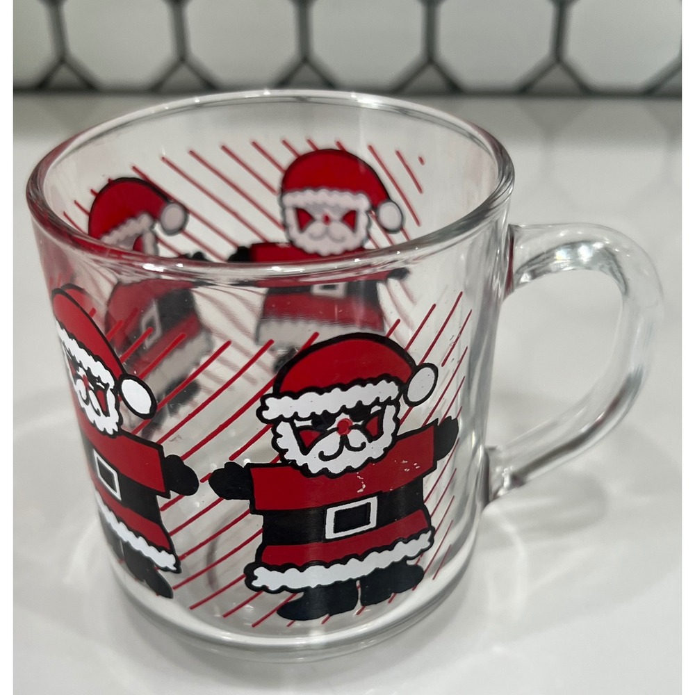 Vintage Luminarc France Clear Glass Santa Claus Mug Sunglasses Christmas Coffee